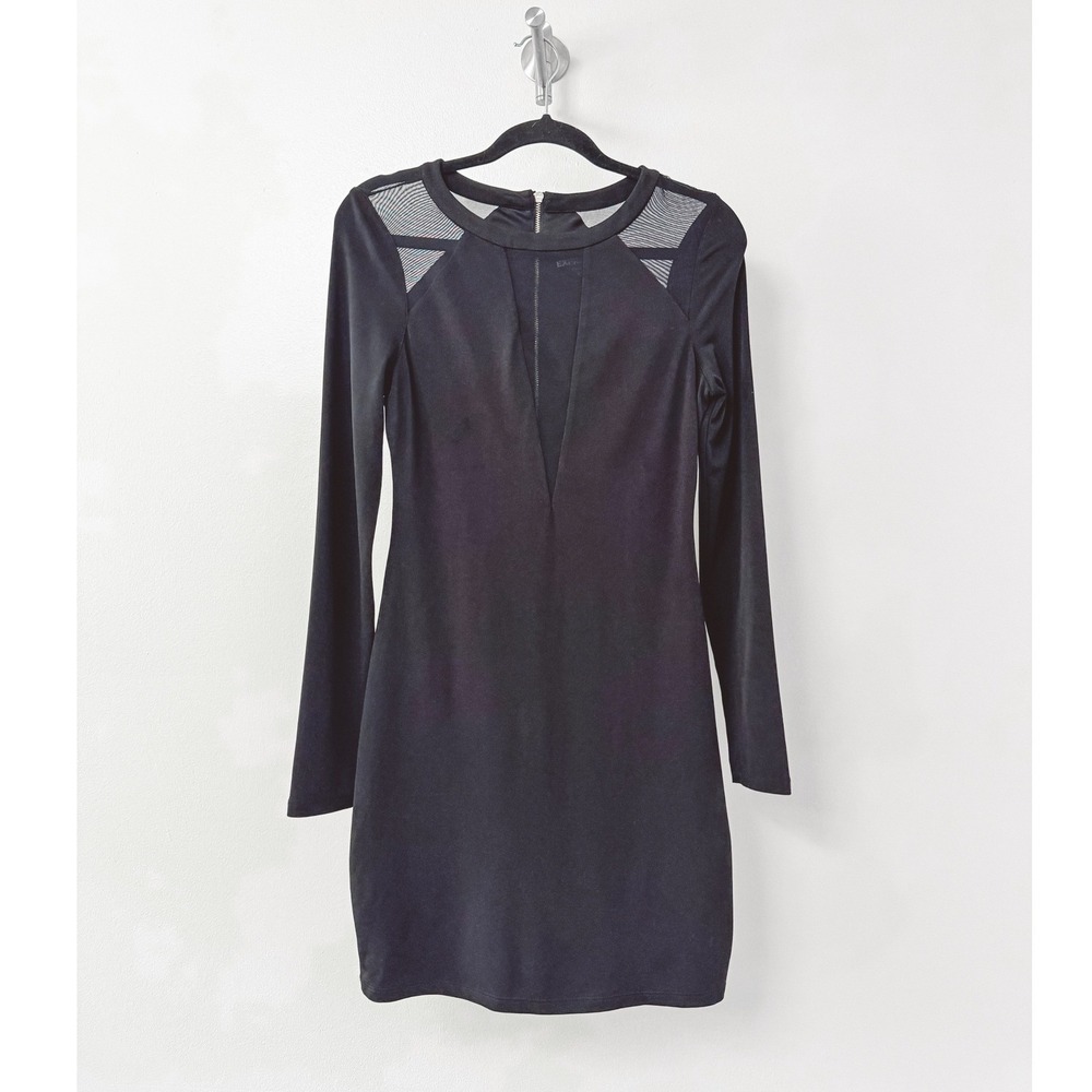 Express Womens Black Long Sleeve Mesh Panel Deep V-Neck Bodycon Mini Dress Small